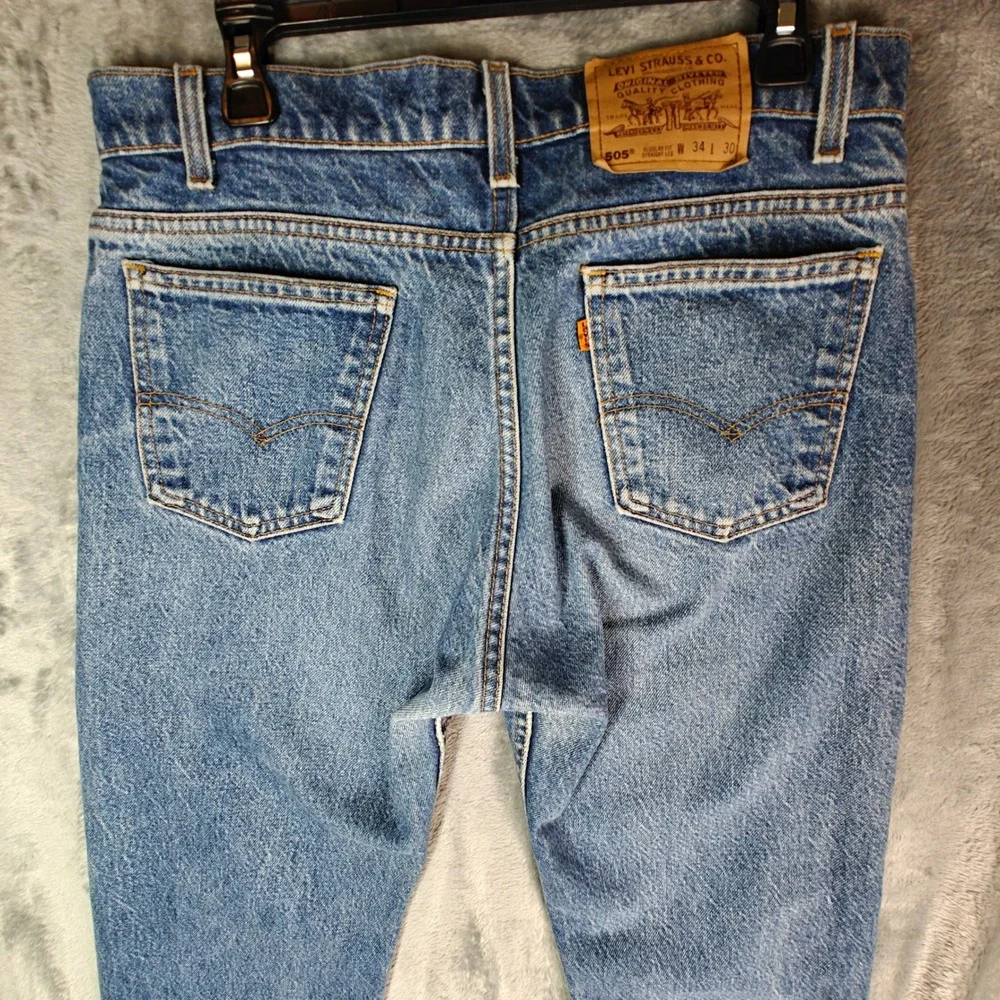 VTG Levis 505 Orange Tab 80s 90s 34x30 Straight Leg Jean Made in USA Distressed